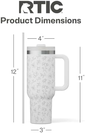 RTIC 40oz Road Trip Tumbler, Insulated, Ceramic Lined, White Magnolias
