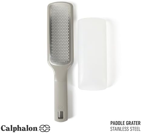 Calphalon Prime Cheese Grater, Stainless Steel Paddle Grater with Non-Slip Rubber Handle and Protective Cover, Kitchen Shredder for Cheese, Vegetables & Chocolate, Taupe