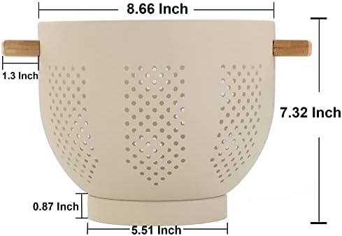 Metal Colander with Wood Handle, 5.5 Quart Powder Coated Steel Large Kitchen Strainer Stable Base,(Sand Yellow, 11.26inch)