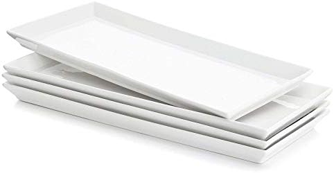 Sweese Rectangular Porcelain Platters, Serving Trays for Parties, 13.8 Inch Large Serving Dishes for Steak, Taco, Sushi, Appetizer, Cake - Dishwasher & Oven Safe - Set of 4, White