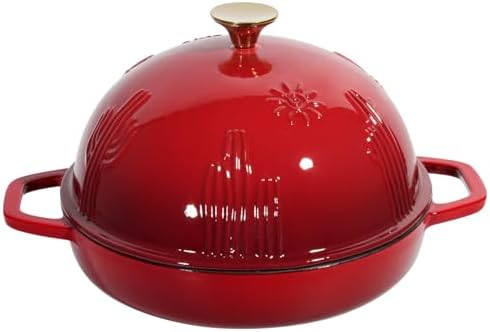 Flavehc Cast Iron Bread Oven With Cloche Lid for Baking - Red Enameled Dutch Oven With Dome Lid for Sourdough - 5 qt
