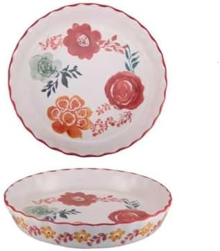 Ceramic Pie Pan Pie Dish for Oven 10 Inch Pie Plate Round Bakeware (Red Lotus)