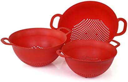 Mintra Home Plastic Strainer Colanders Set: 3, 3.5 and 5 Quart (Red) Double Strong Handles and Deep Bowl, Safe BPA-Free - Use for Pasta, Noodles, Spaghetti, Vegetables (Assorted Sizes 3pk)