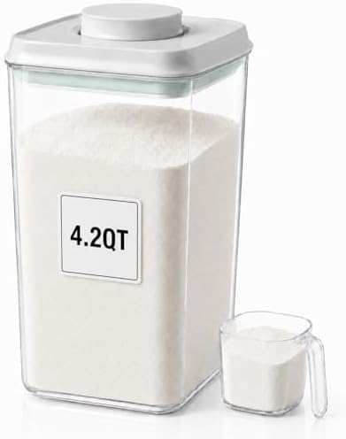 POP Airtight Flour-Rice Food-Storage Container - 4L/4.2Qt Jar with Lid and 3.3Oz Scoop | BPA-Free | Can Hold 5lb of Flour or 5lb of Rice | Stackable and Durable