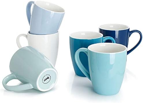 Sweese Porcelain Coffee Mugs - 16 Ounce - Set of 6, Cups for Latte, Hot Tea, Cappuccino, Mocha, Cocoa, Multicolor, Blue Assorted Colors