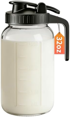 32oz Glass Pitcher with Lid & Spout – 1 Quart Mason Jars, Airtight & Leakproof Breastmilk Pitcher for Cold Brew Coffee, Sun Tea, Water, Juice – Wide Mouth, Fridge Safe