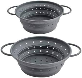 Collapsible Silicone Colander with Handles, Round Strainer with Stainless Steel Rim, Space Saving Kitchen Tool for Fruits & Vegetables,BPA-Free,Heat-Resistant Pasta Drainer(Gray, S+L)