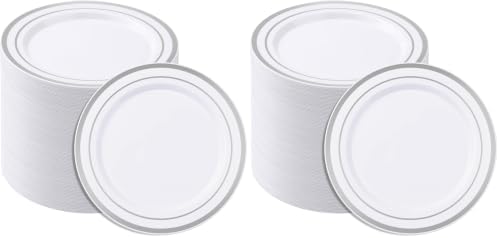 BESTSTAR 7 Inch White Plastic Plates,100PCS Disposable Dessert/Appetizer/Small Cake Plates with Silver Rim,Heavy Duty Plate Ideal for Wedding and Birthday (Pack of 2)