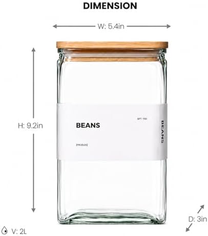 APT 1101 Glass Storage Jars with Bamboo Lid, glass canisters with airtight lids, Clear jars with lids for Spice, Cookie, Candy, Tea, Coffee Bean and Rice (White, 67 oz, Set of 3)