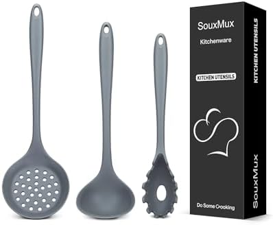 3 Pcs Silicone Kitchen Utensils Set, Soup Ladle-Pasta Fork-Slottede Spoon, Nonstick BPA Free High Heat Resistant Cooking Utensils for Mixing, Serving, Draining, Turning, Stirring