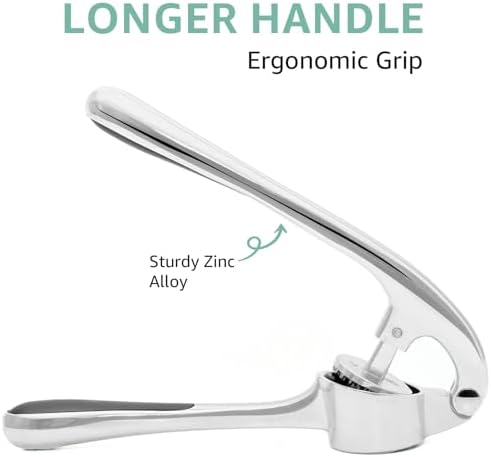 Garlic Press Crusher & Mincer – Easy Squeeze Ergonomic Handle, Heavy Duty Zinc Alloy, Dishwasher Safe, Includes Peeler & Cleaning Brush – Garlic Ginger Crusher Tool (Imperial Silver)