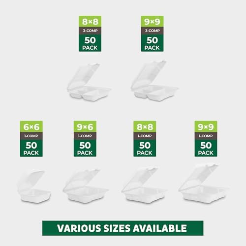 Freshware Clamshell Food Containers with Lids [8x8 200-Pack] Disposable To Go Containers, Biodegradable Sugarcane To Go Boxes - Paper Container - Microwave & Freezer Safe, Stackable