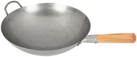 Cuisinart 14” Carbon Steel Hammered Wok, Traditional Round Bottom, Stir Fry Pan with Wooden & Helper Handle for Authentic Asian Cuisine, Wok Hei Cooking Perfect for Stir-Fry, Sauté & Deep Fry