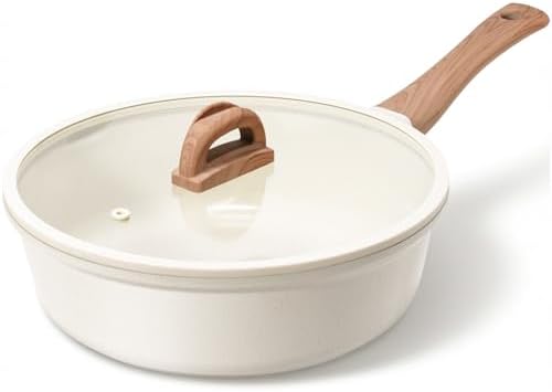 Ceramic Nonstick Frying Pan with Lid, 4.0 QT Sauté Pan Large Capacity Skillet, Non Stick Deep Frying Pan Induction Compatible White Granite Coating PFOA/PFAS Free Non-toxic Healthy Kitchen Cookware