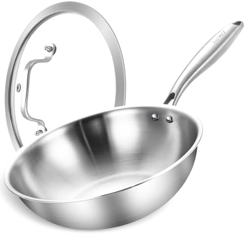 Inqibee 10 Inch Stainless Steel Wok Pan with Lid, Riveted Handle