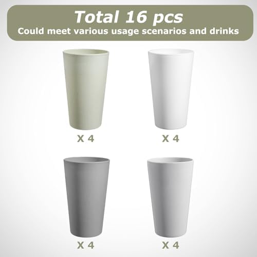 HEYCOME Set of 16 Wheat Straw Cups, 16 Pcs 20 oz Unbreakable Drinking Cups, Reusable Plastic Cups Sets, Water Glasses Tumblers, Microwave & Dishwasher Safe, Bpa Free, 4 Colors