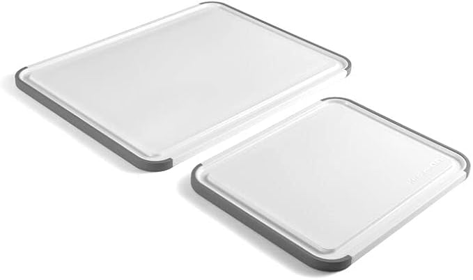 KitchenAid Classic Nonslip 2-Piece Plastic Cutting Board Set with Perimeter Trench and Non Slip Edges, 2-Piece Kitchen Chopping Boards, Dishwasher-Safe, White and Gray