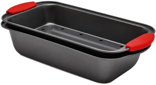 PERLLI Nonstick Meatloaf Pan with Drip Tray Insert – High-Carbon Steel Bakeware with Silicone Grips – Ideal for Baking Bread, Cake, and Roasting Meat in the Oven - 2-Piece Set