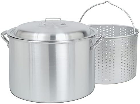 Bayou Classic 4020-20-Qt Aluminum Stockpot with Basket - Domed Lid, Riveted Handles, Perforated Basket