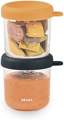 BEABA 2 Pack Glass Baby Food Jars with Soft Silicone Air Tight Lids, 8 oz Glass Storage Containers with Lids, Microwave and Freezer Safe Containers, Midnight