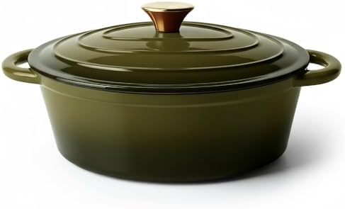 Vintage Style Oval Dutch Oven for Bread Baking, 4.5 Quart Non Stick Enameled Cast Iron Dutch Oven Pot with Lid, Oven Safe Oval Casserole with Lid up to 500°F for Baking, Braising, Stews, Roasting, Golden Green