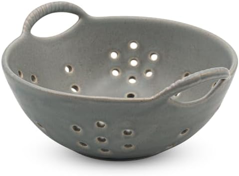 Matte Glaze Ceramic Berry Colander Bowl with Handles – 8.5" Handle-to-Handle × 8" Bowl Dia × 3.3" High – Rustic Stoneware Drain Bowl for Fruit, Berries, and Kitchen Decor (Sage Green)