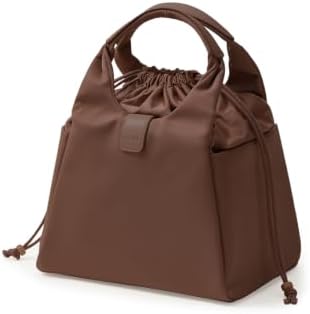 EACHY Drawstring Lunch Bag for Women Insulated Cute Bucket Lunch Box Tote Reusable Work Lunch Pail with 2 Side Pockets Thermal Cooler Handbag for Office Commute Gym（Brown）
