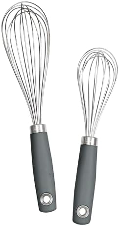 Tovolo Wire Whisk Set of 2 for Baking Cooking Mixing Whisking, 10" & 12" Inch Stainless Steel Wire Kitchen Whisk Set Balloon Design Sturdy Comfort Grip Handle BPA Free Dishwasher Safe, Charcoal Gray
