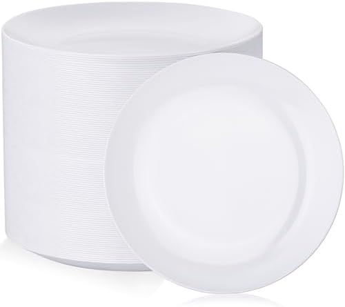 Nervure 100PCS White Plastic Plates - 10.25″ Disposable White Dinner Plates