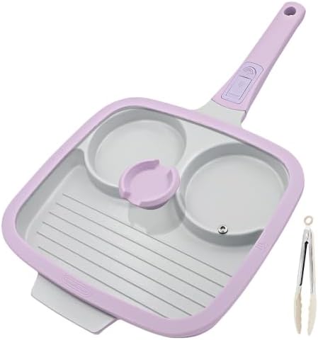 RANX INGST 10 Inch Grill Pan with Lid, 3 Section Nonstick Ceramic Egg Pan with Detachable Handle, Square Grill Skillet All Stove Compatible - Purple