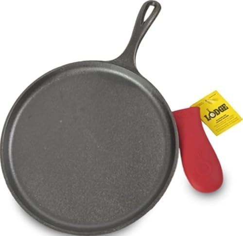 Lodge Pre-Seasoned Cast Iron Griddle with Red Handle Holder, 10.5 Inches