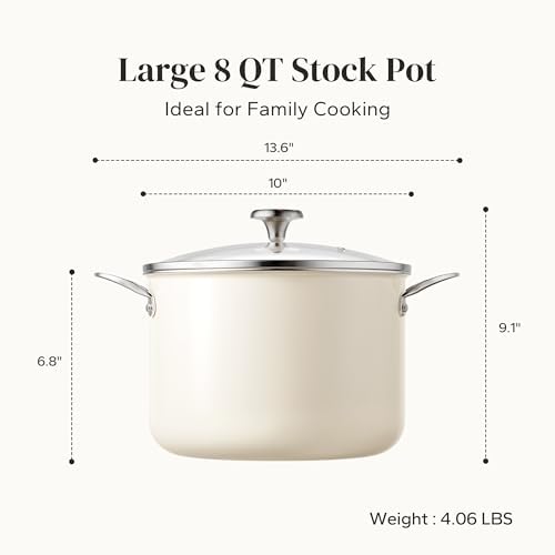 Redchef Ceramic Stock Pot with Lid, 8 Qt Soup Pot Nonstick for Family Cooking, Pasta Pot Large Induction Cooking Pot, Stay-Cool Handles, Even Heating, Oven/Dishwasher Safe, PFOA Free, Beige