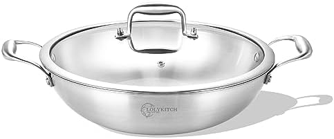 LOLYKITCH 11-Inch Stainless Steel Wok with Lid | 3.5-Quart | Dual Handles