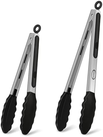 TACGEA Stainless Steel Kitchen Tongs with Silicone Tips, Locking Grilling Food Tongs, 9" and 12", Set of 2 Black