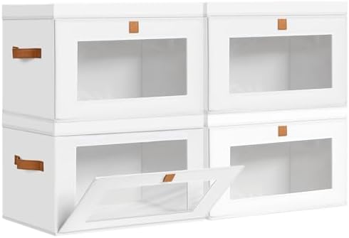 DIMJ Storage Bins with Lids - 4 Pack Large Fabric Closet Organizer with Window & Handles, Collapsible Decorative Storage Boxes for Shelves Under Bed, Books Clothes Blankets Sweaters Organization