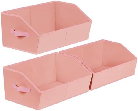 Homsorout Closet Baskets for Shelves Trapezoid - Decorative Storage Baskets with Handle, Closet Bins for Organization, Shelf Storage Bins for Clothes, Books, Home, Office, 3 Pack, Pink