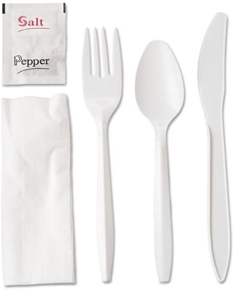 250 White Plastic Cutlery Packets - Knife, Fork, Spoon & Napkin Sets with Salt & Pepper - Individually Wrapped, Disposable Silverware