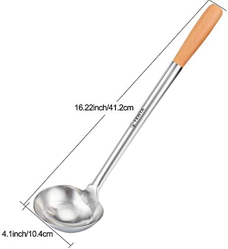 Tenta Kitchen Professional Large Stainless Steel Serving Ladle Spoon - Gravy Soup Spoon For School Canteen,Hotel Kitchen,Restaurant (Wooden Handle Ladle)