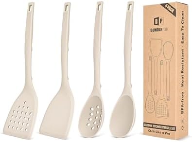 BUNDLEPRO Silicone Cooking Utensils Set, 4 Pcs Spatula and Spoon Set, Khaki