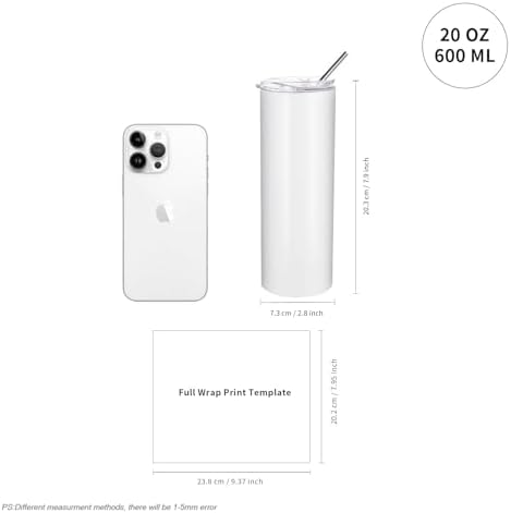 PYD Life 10 Pack Sublimation Blanks Tumblers Straight Skinny 20 OZ Bulk