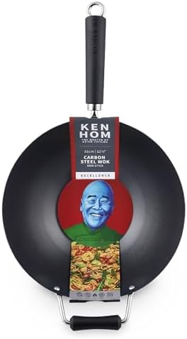 Ken Hom 12" Carbon Steel Nonstick Stir Fry Wok - Soft Touch Helper Handle and Lightweight Flat Bottom Design