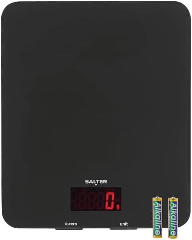 Salter 1150 BKDR Digital Kitchen Scales, Stylish Glass Design, Cooking Scale for Home/Kitchen, Measures Liquids & Fluids, Metric/Imperial, Add & Weigh Function, Red Easy Read Display, Black