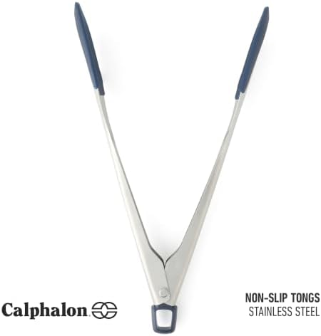 Calphalon Prime 12-Inch Kitchen Tongs, Stainless Steel Grilling Tongs with Navy Silicone Heads, Heat-Resistant Locking Kitchen Tongs with Ergonomic Weighted Handle