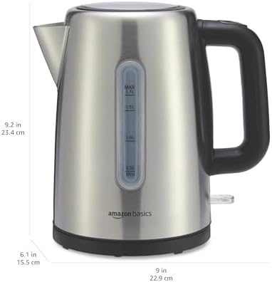 Amazon Basics Electric Stainless Steel Kettle for Tea and Coffee, BPA-Free, Fast Boiling, Auto Shut-Off, Boil-Dry Protection, 1.7 Liter, 1500W, Black and Silver