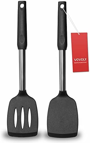 2 Pack Spatulas, Solid & Slotted Silicone Spatula Set, Stainless Steel Handle Coated with Silicone, Non Stick Turners, Heat Resistant Rubber Spatulas for Fish, Eggs, Pancakes, WOK, Black