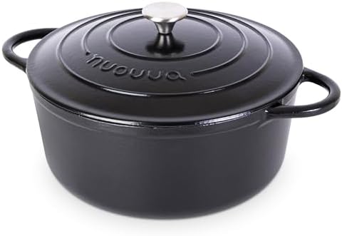 Cast Iron Dutch Oven with Lid-Non-Stick Ovenproof Enamelled Casserole Pot- Sturdy Dutch Oven Cookware - Black, 7.3- Quart, 30cm- by Nuovva