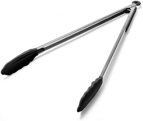 Doosu Kitchen Tongs with Silicone Tips for Cooking Serving (16in, Black)