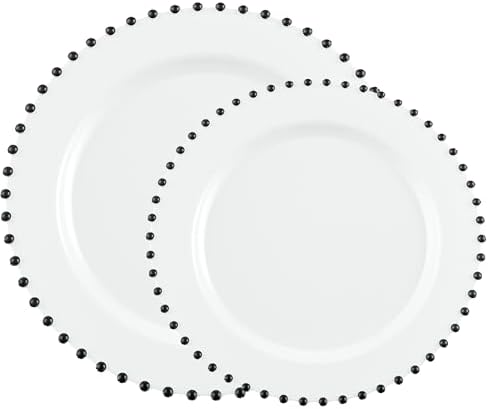 PLASTICPRO 128 Piece Combo Plastic Dinner Plates Disposable Plastic Fancy Heavy Duty Party Dishes 7 inch and 10 inch, White and Black Beaded