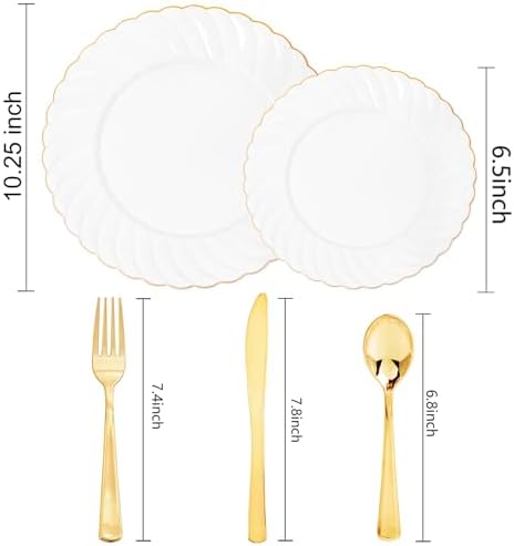 YOUBET 125PCS White and Gold Plastic Plates for Wedding Parties