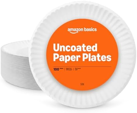 Amazon Basics 9" Uncoated White Paper Plates, Microwave Safe, 100 Count